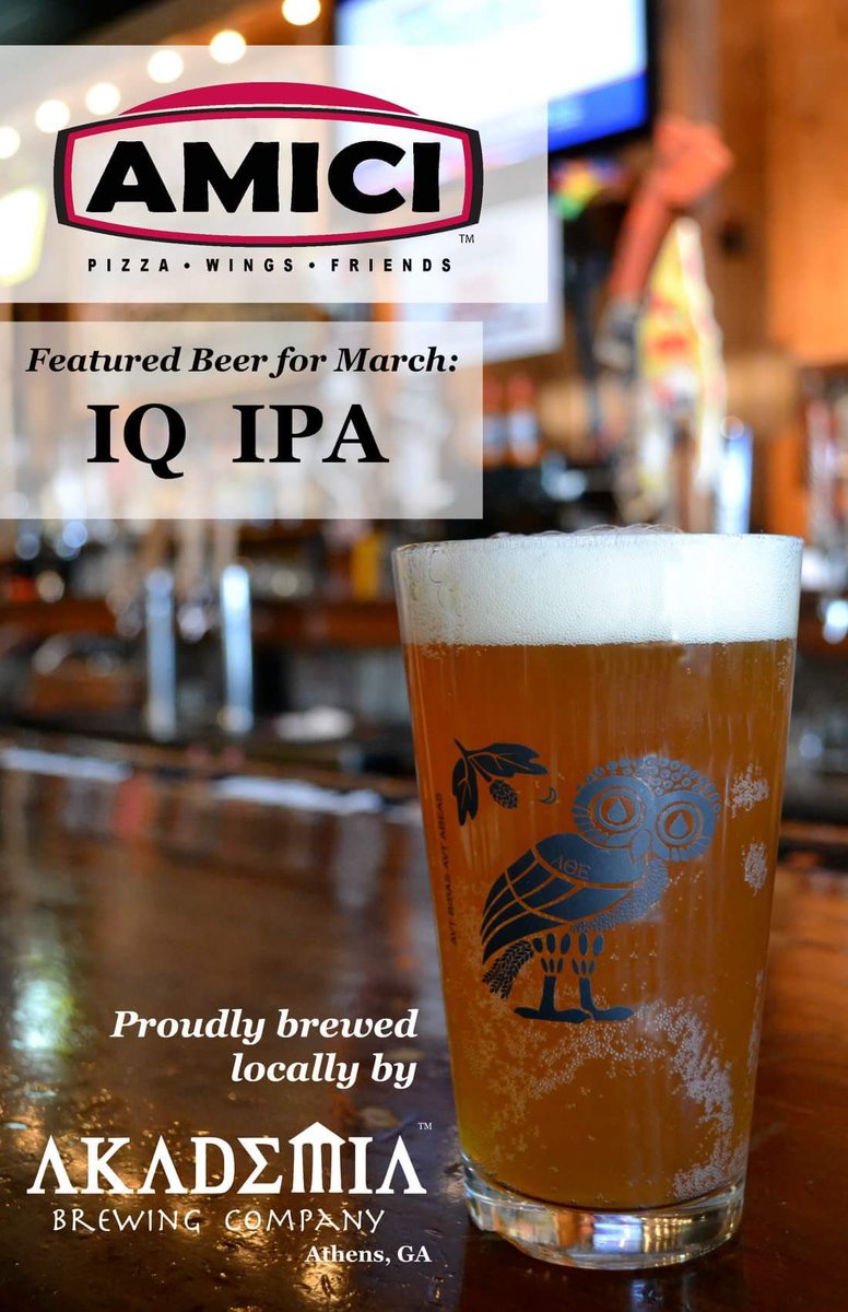 AkademiaBC's tweet photo. #Cheers to @AmiciAthens for selecting #AkademiaBC #IQIPA as the featured #craftbeer for this month! 🍻🍕 https://t.co/IcmtPfOwfV