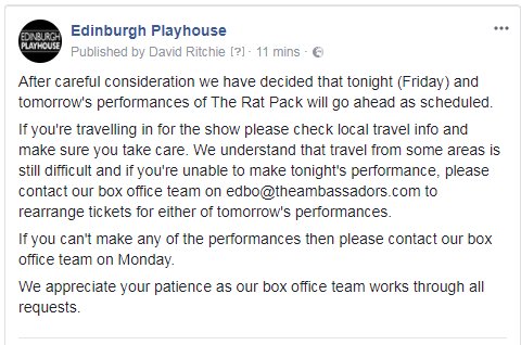 edinplayhouse's tweet photo. Tonight's and both of tomorrow's performances are going ahead as scheduled. Please see below for more details. https://t.co/R1CdmdLXxw