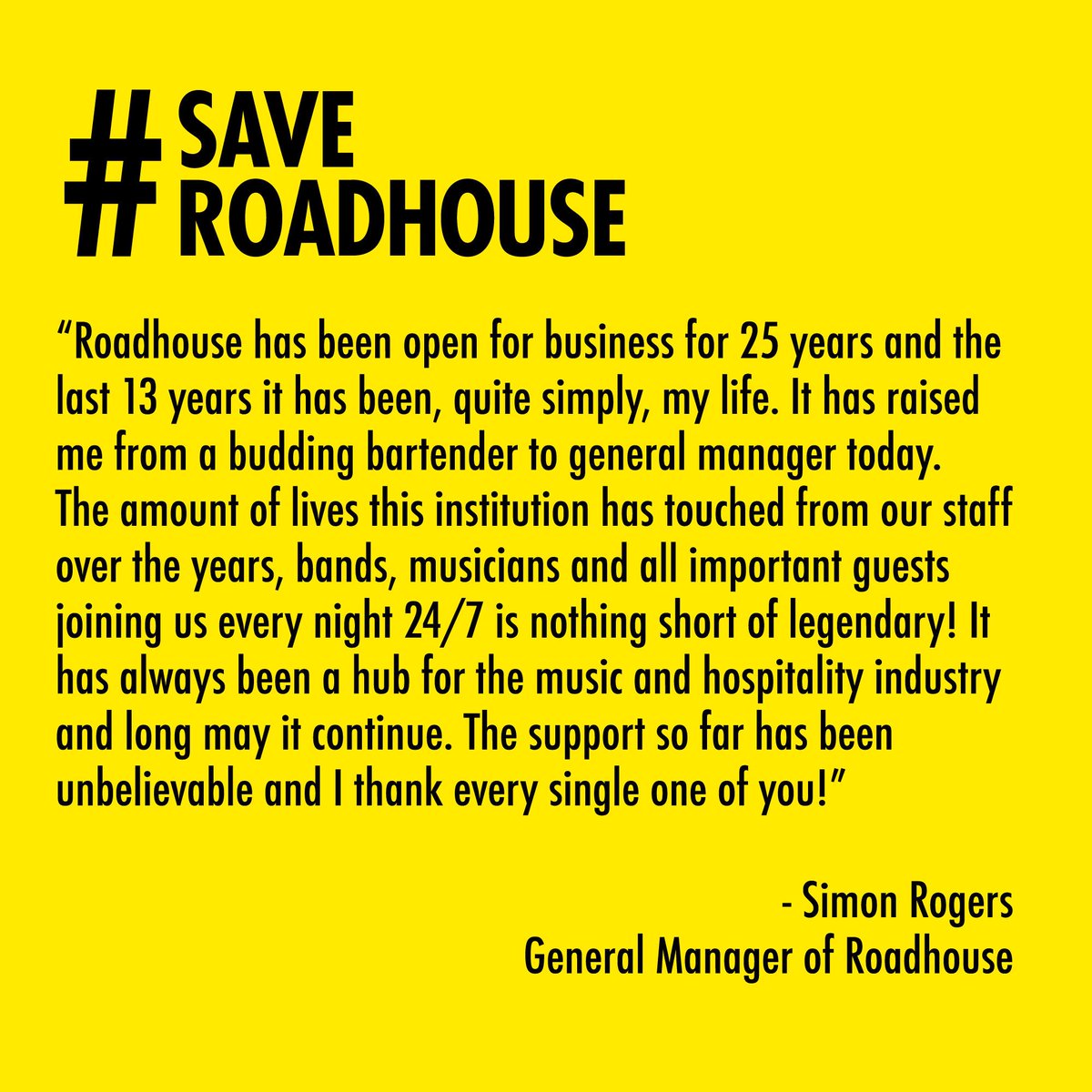 RoadhouseLDN's tweet photo. A few words from our General Manager, Simon! Thanks for your ongoing support to #SaveRoadhouse. If you haven’t done so already please sign our petition here: https://t.co/BuuZoGCksA https://t.co/opLGtvo72P