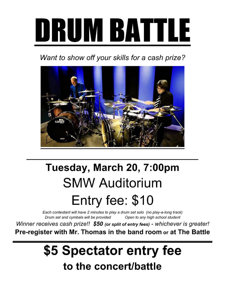 Spread the word! We’re adding a drum battle to the annual SM West percussion show! The battle is open to any high school student. Contact billthomas@smsd.org for more info. Come one, come all to this entertaining show!