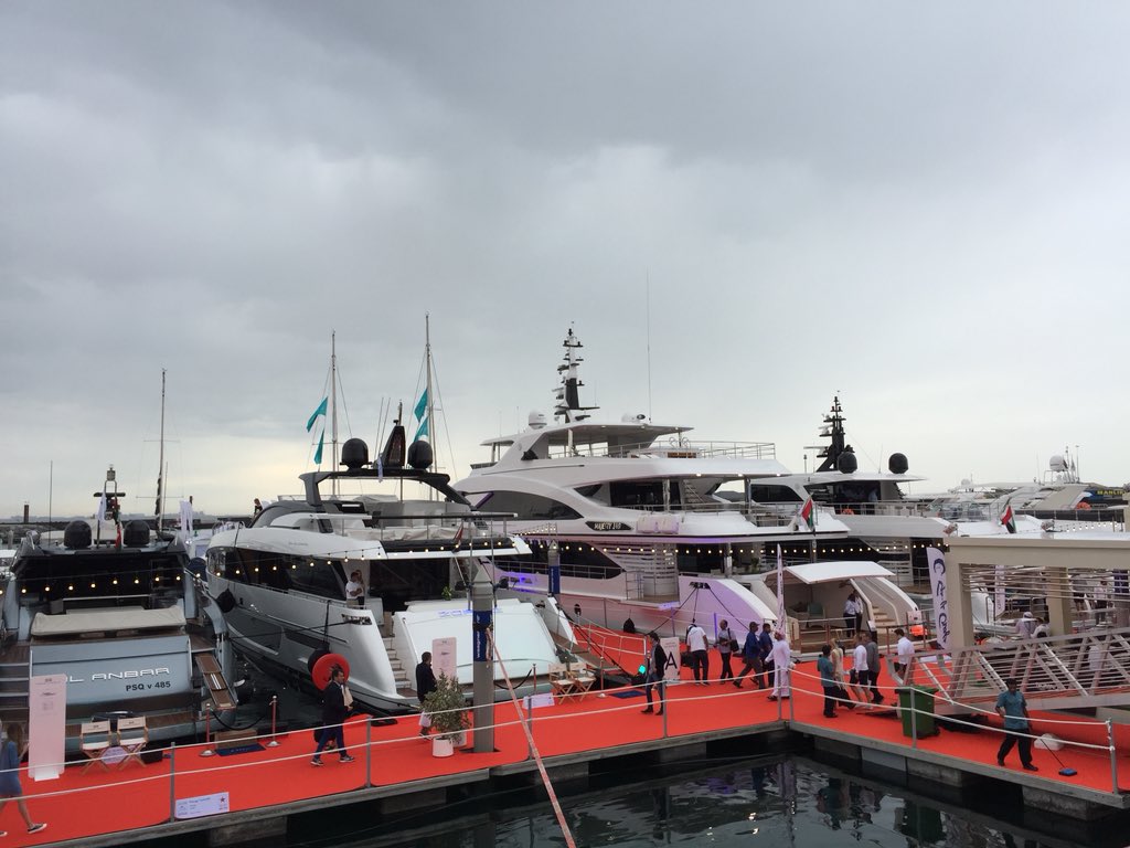 DubaiEye1038FM's tweet photo. A little bit of rain can’t dampen the atmosphere @DubaiBoat Show! Lots to see and do again on day four #DIBS #DIBS18 https://t.co/1194K0LkAp