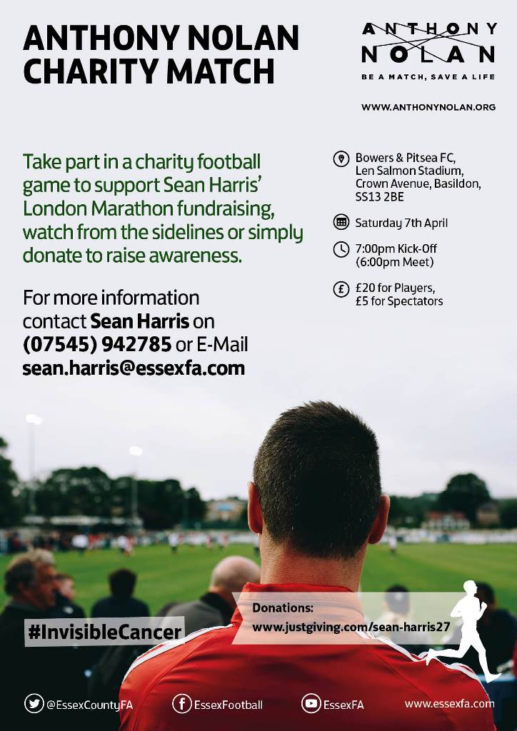 EssexCountyFA's tweet photo. Please support this charity football match at @Bowerspitseafc which is raising money for @AnthonyNolan... #InvisibleCancer https://t.co/n8qPbBudi3 https://t.co/ACQqef6Hn4
