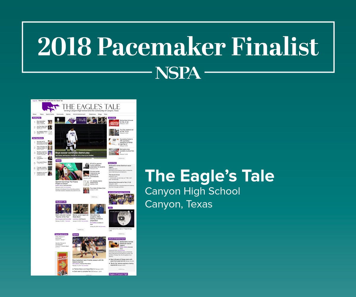 canyon_hs's tweet photo. Congratulations to the CHS online newspaper @EaglesTaleEds on being named a @NSPA Pacemaker finalist! https://t.co/AMAfo4byAN