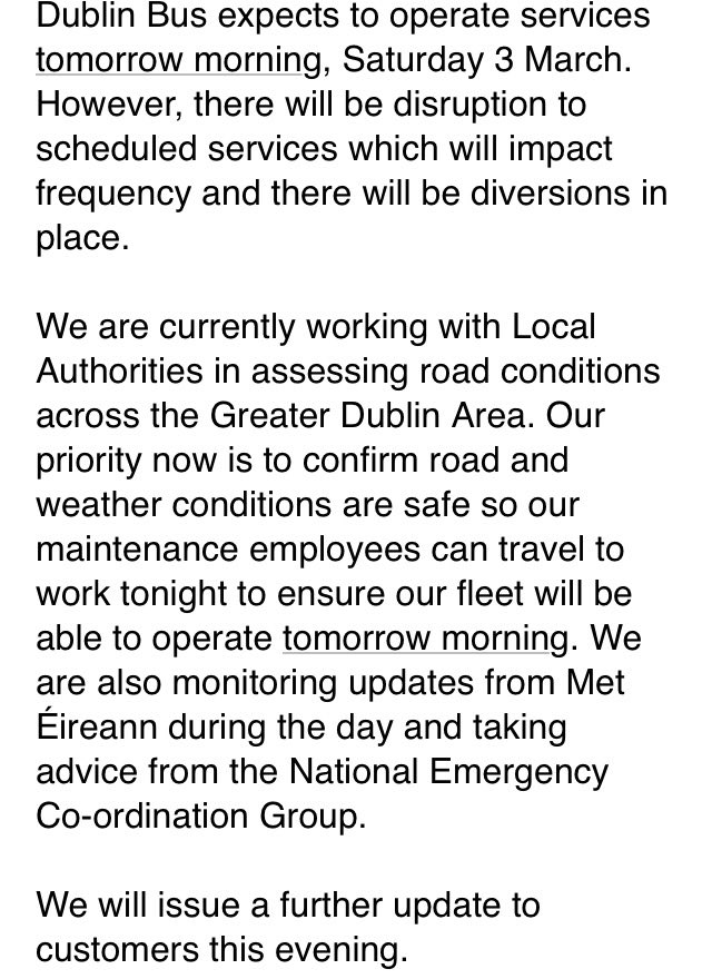 dublinbusnews's tweet photo. #DBSvcUpdate We expect to operate services tomorrow morning, Saturday 3 March. Please see below for further details. #BeastFromTheEast #StormEmma https://t.co/grXK1V5gyH