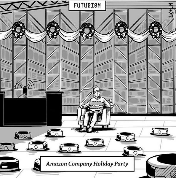 As automation spreads to more and more industries is this what office parties will look like in the near future? Check out some more #futurism cartoons here ow.ly/tSQw30iFupf
