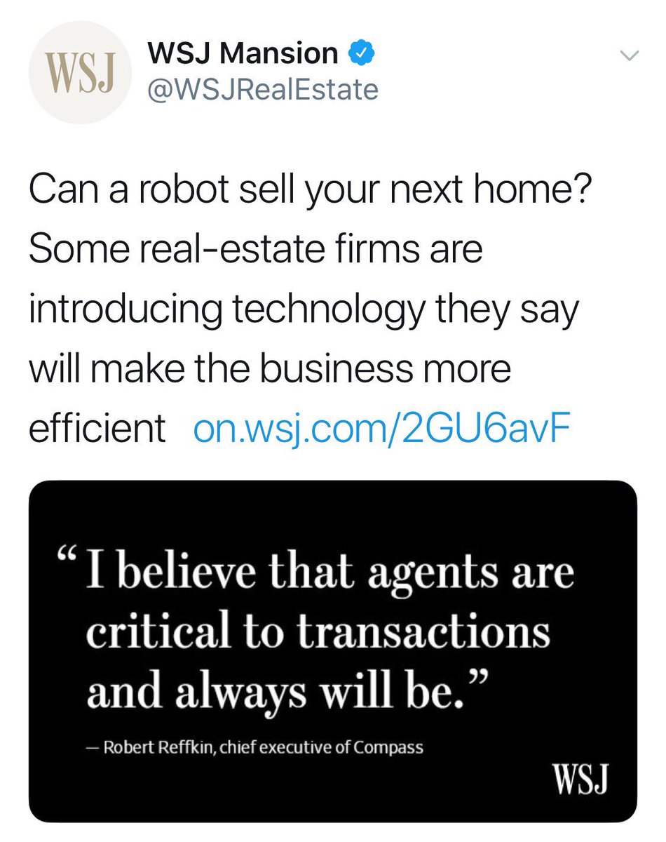 RobReffkin's tweet photo. Pleasure speaking with @WSJ about the future of our industry. One thing I believe more than anything else: agents will always be critical to the transaction. https://t.co/aWtLP4oLjV https://t.co/vvg493RF9A