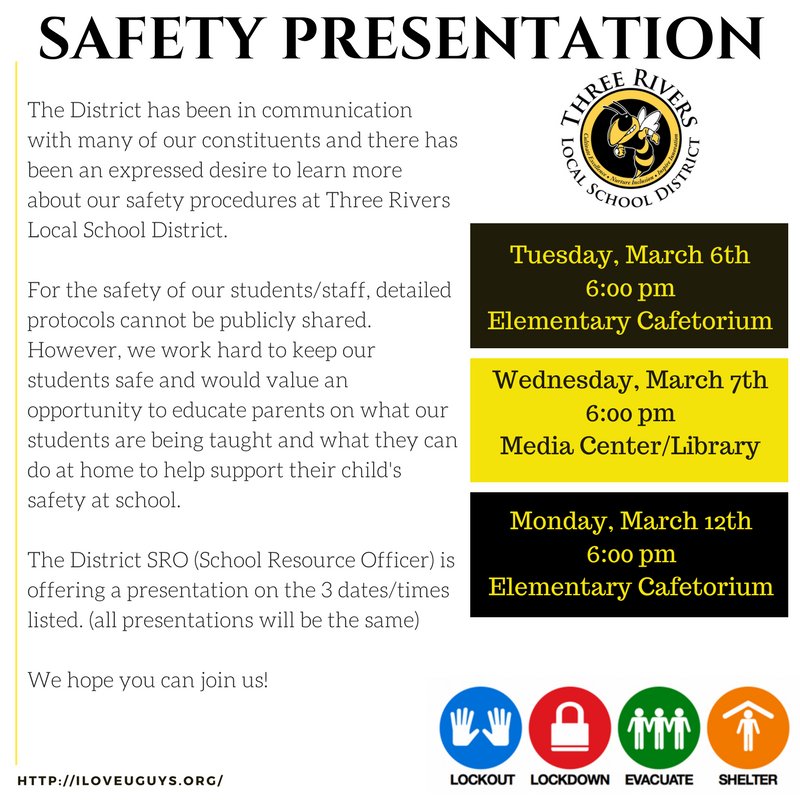 Safety is our #1 priority at TRLSD. Please join us for a presentation from Sergeant Bingle about how we work every day to continue to do our very best at making the campus an extremely safe place for education. 
@jacketSupt @3RiversCOO <a href="/YellowJacketCB/">Amanda Colesto k</a> <a href="/HollySimms6/">Holly Simms</a> <a href="/MrBiedenbach/">Principal Biedenbach</a>
