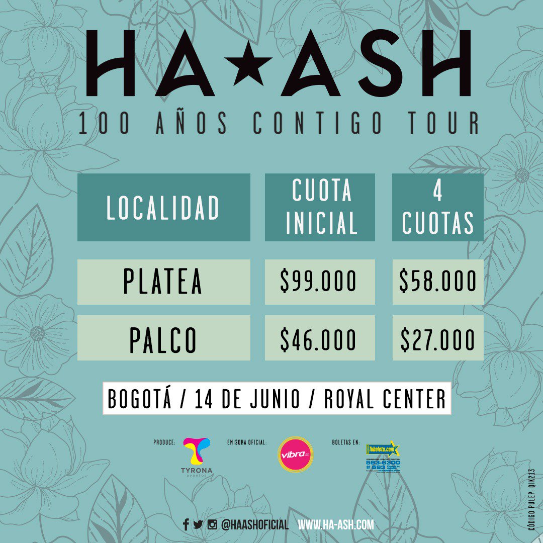 haashfanbase's tweet photo. A partir de hoy podrás separar tu entrada para ver a @haashoficial  en BOGOTÁ, desde $46.000 en cualquier punto de 
@TuBoletaNews  Toda la información👉 https://t.co/axx8wKxywh 
Organiza: @TyronaEventos 
Apoya: @haashfanbase @HaAshColombia @SpfColombia @SonyMusicCol https://t.co/kcxYNwAz9U