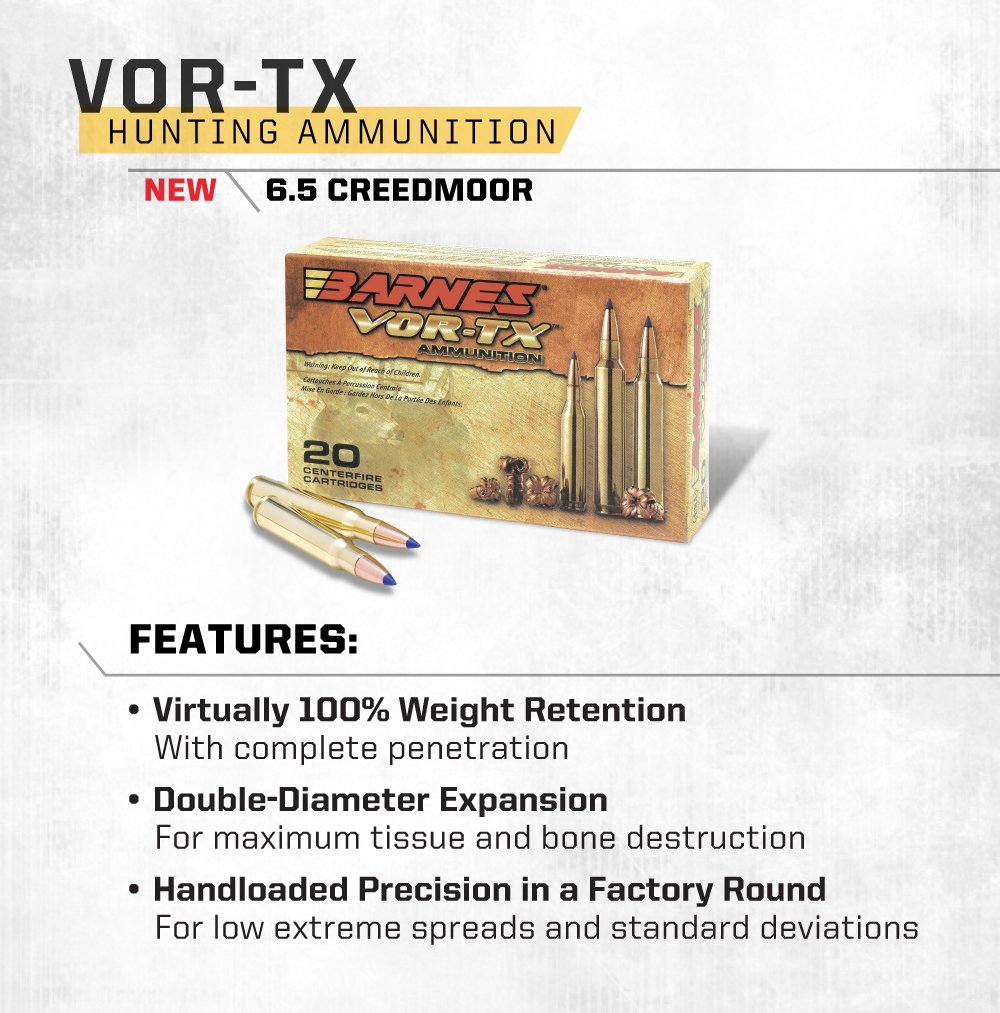 BarnesBullets's tweet image. More Barnes love for all the 6.5 Creedmoor rifles out there. Barnes VOR-TX Rifle ammo loaded with the optimized 120gr TTSX.