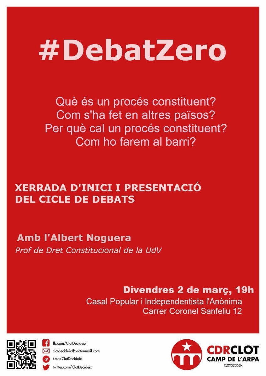ClotDecideix's tweet photo. ⚠️ AVUI ⚠️
organitzem el #DebatZero, el primer d'un cicle de debats sobre el procés constituent, amb la presència del professor de dret constitucional Albert Noguera.
A les 🕖 19:00 a l'Anònima, no hi falteu! 😉 https://t.co/F0FmbzfLkV