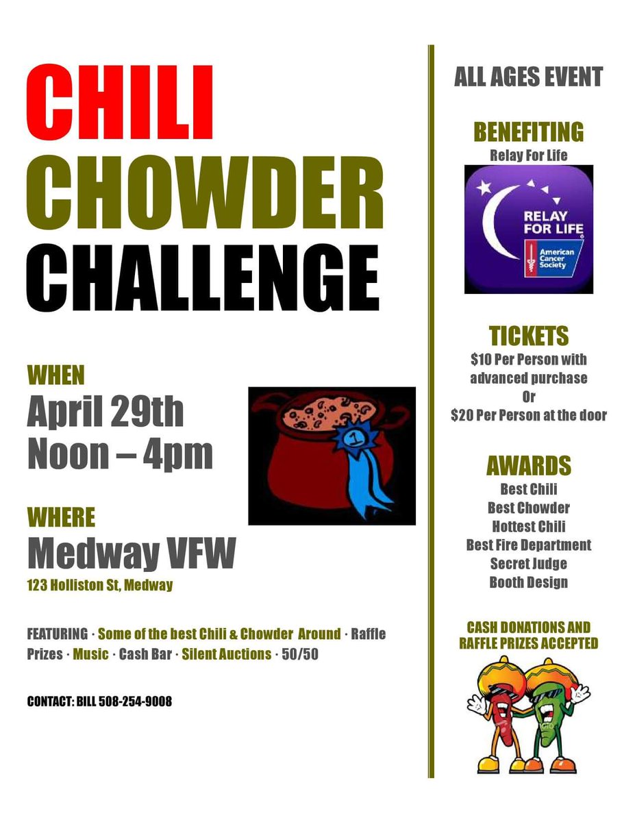 Billdff's tweet image. Please join me on April 29th from 12-4 at the Chili Chowder Challenge and help support @RelayForLife and support some great local restaurants and your local fire departments. Let's see who makes the best chili &amp;amp; chowder around.
