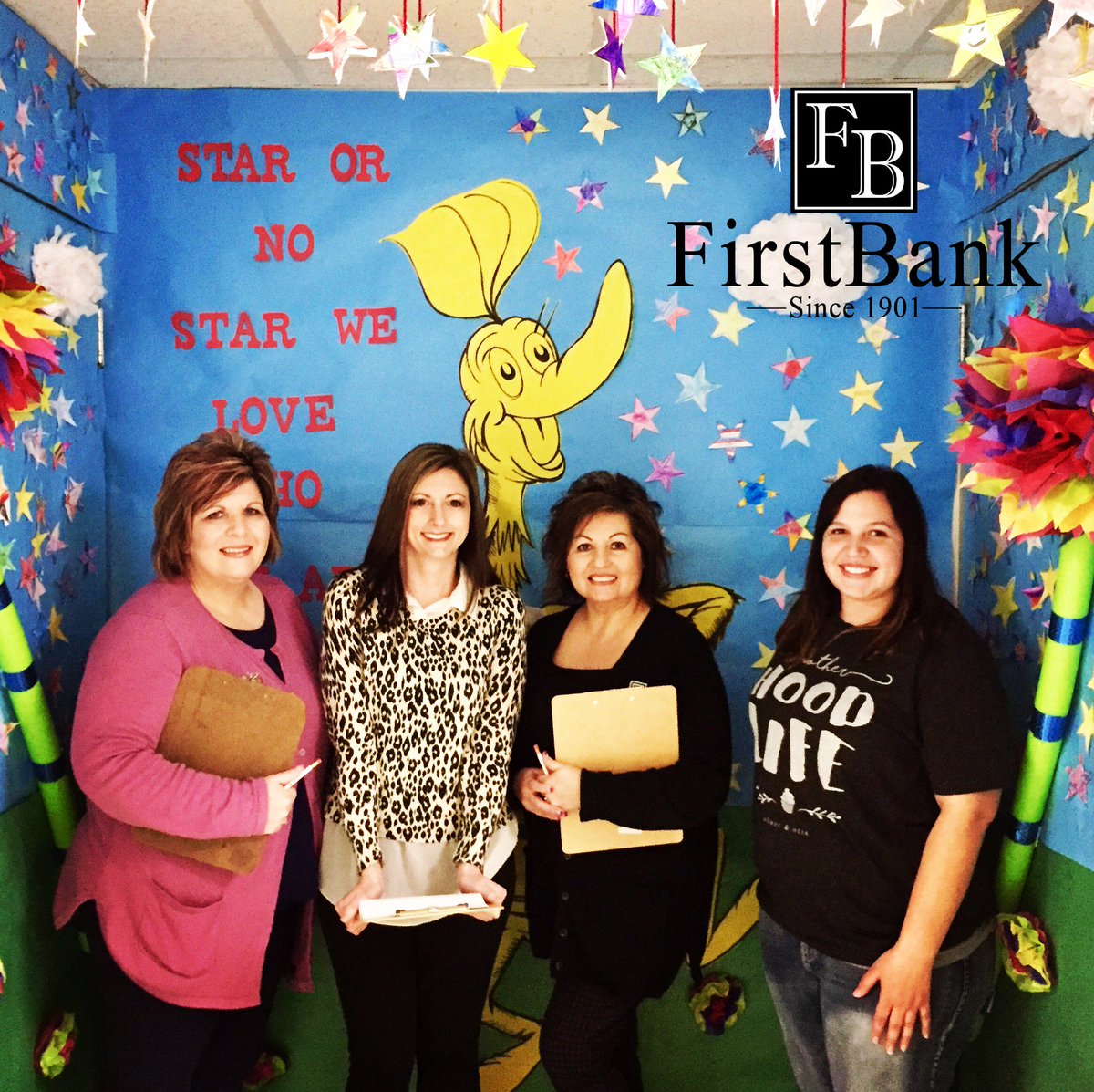 firstbankok's tweet photo. Hugo Elementary celebrated Dr Seuss week.  Carla Johnson, Kristie Johnson &amp; Gwen Coffman from FirstBank were invited to judge the Dr Seuss door decorating contest. Also pictured is Jessica Alred, Hugo Elementary volunteer. https://t.co/HBThonDven