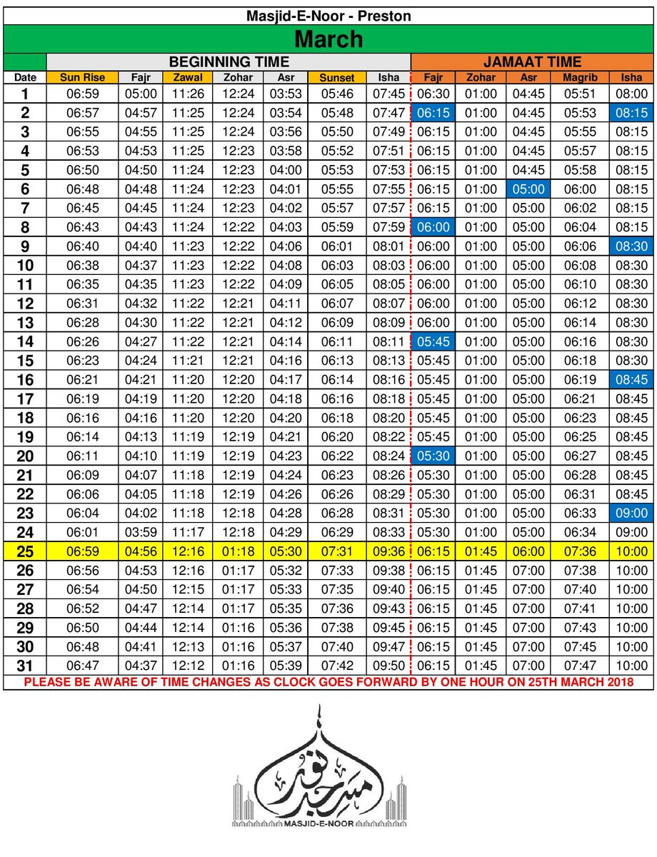 Salāh Timetable for March 2018