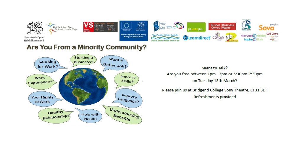 On Monday 12th March '18  between 5:30 &amp; 7:30pm  <a href="/learndirect_cym/">learndirect Cymru</a>  <a href="/BridgendCBC/">Bridgend CB Council</a>  <a href="/CalanDVS/">Calan DVS</a> &amp; <a href="/_businesswales/">Business Wales</a> will be at <a href="/BridgendCollege/">Coleg Penybont | Bridgend College</a>  and will be on hand to offer support, advice and help to people from Minority Communities who are looking to find work or training #Bridgend