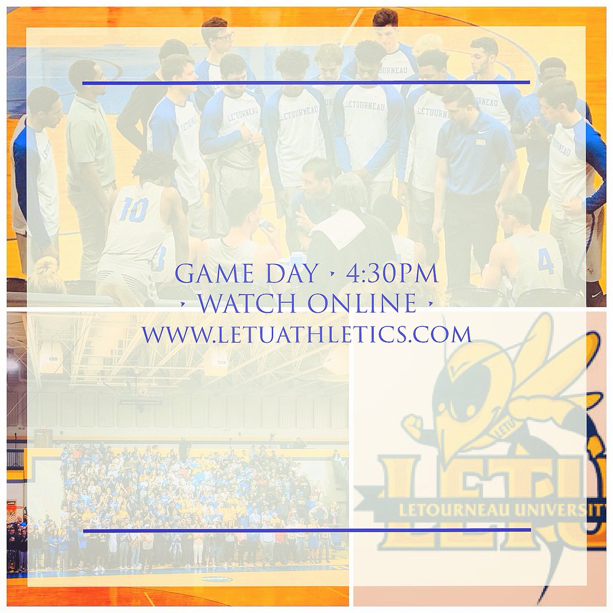 LETU_admissions's tweet image. Make plans to watch @letumbb play today at 4:30pm. Go to letuathletics.com to find the live video OR be in the Great Room in the Student Center for the watch party! Free food, drinks, and ice cream! GO JACKETS! 🐝🏀 #FearTheSting #GoingDancing #LETUMarchMadness