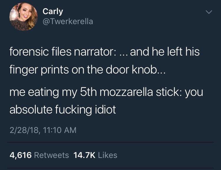 thedemonspeaks's tweet photo. I have never felt so personally attacked. Replace mozzarella stick with @gardein pizza hot pocket and this is literally me. @BenKissel @HenryLovesYou @marcusparks @GHardstark @KarenKilgariff @choptopmoseley https://t.co/wmgvv9gprU