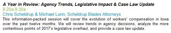 SmithMillsLaw's tweet photo. #SneakPeek Week! Our 8th Annual #WorkComp Seminar is 5 weeks away - we'll kick things off with the evolution of Iowa comp in 2017, plus a glimpse at legislative changes for 2018, led by Attorneys Lunn &amp; Scheldrup! @mlunnSB @CScheldrup https://t.co/3GXms8vRnU