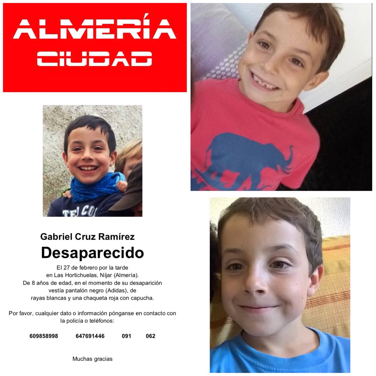 ciudad_almeria's tweet photo. GABRIEL CRUZ RAMÍREZ 
DESAPARECIDO EL PASADO MARTES DÍA 27 FEBRERO EN LA ZONA DE LAS HORTICHUELAS (NIJAR) ALMERIA 
Se cumplen 72 horas de la desaparición.
Nuevas fotos del pequeño Gabriel.
Desde aquí pedimos ayuda ciudadana 
☎️ 091 - 062 
📞609 85 89 98 - 647 69 14 46 https://t.co/gvqPsAt1NR