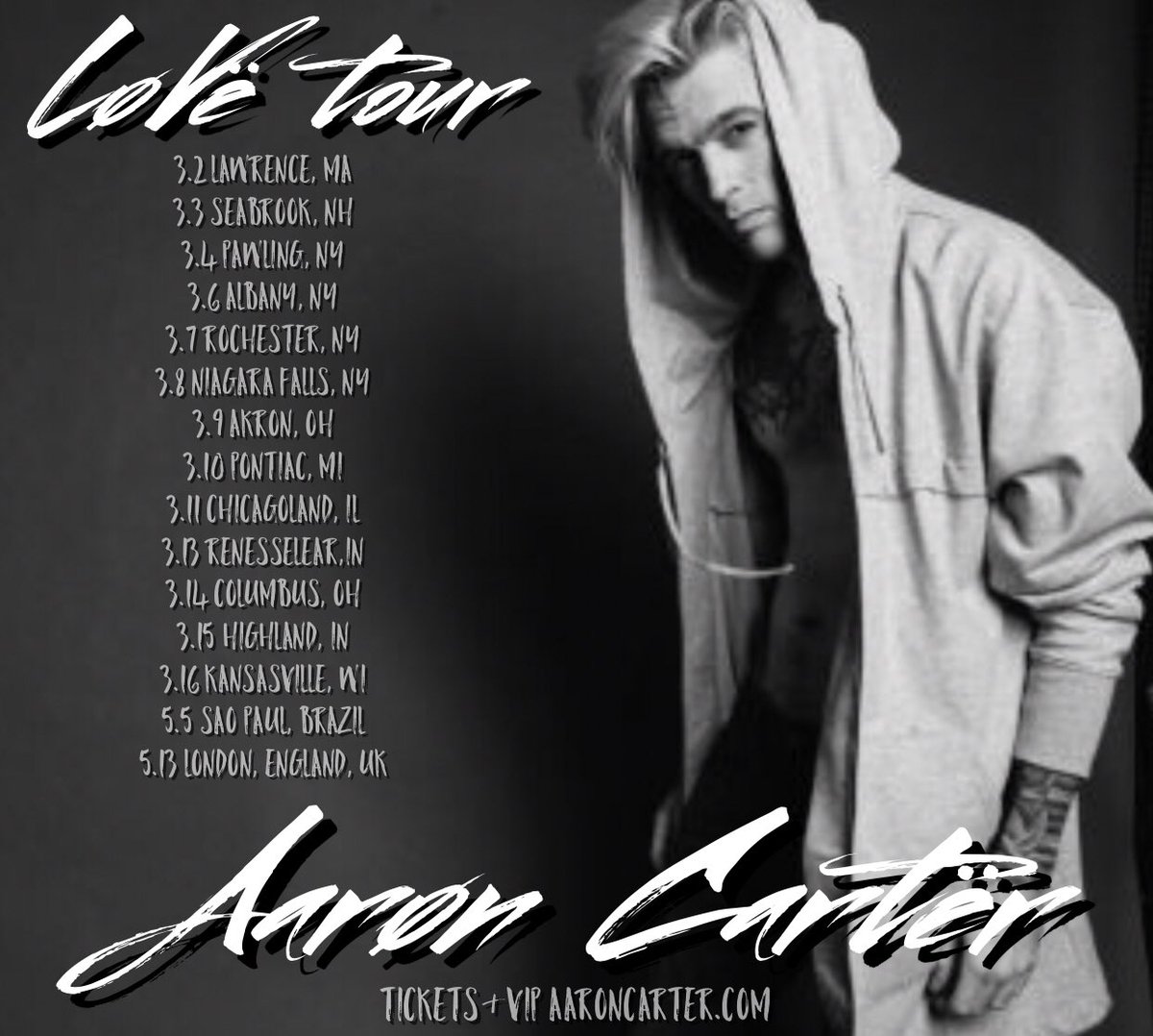 AaronCarter_ST's tweet photo. TONIGHT @aaroncarter is in #LAWRENCEMASSACHUSETTS 🖤GO GET YOUR TICKETS NOW, and don’t miss this! 👉🏻CHECK OUT THE OTHER DATES! #LøVë tour is coming near you. 🎶 this weekend #Newhampshire is up! https://t.co/viWyIaQ8GB for tickets and VIP! 🙌🏻🎫🖤🎶🎹 https://t.co/JIxZ3yb8oW