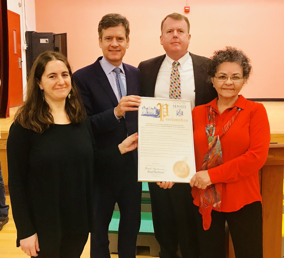DennisGault's tweet photo. Senator Brad Hoylman @bradhoylman presents a proclamation to The Children’s Workshop School #Dist1 #PublicschoolProud #UnionStrong @BrigetRein @harvey_epstein @UFTUnity @UFT https://t.co/3xTwjyD13Q