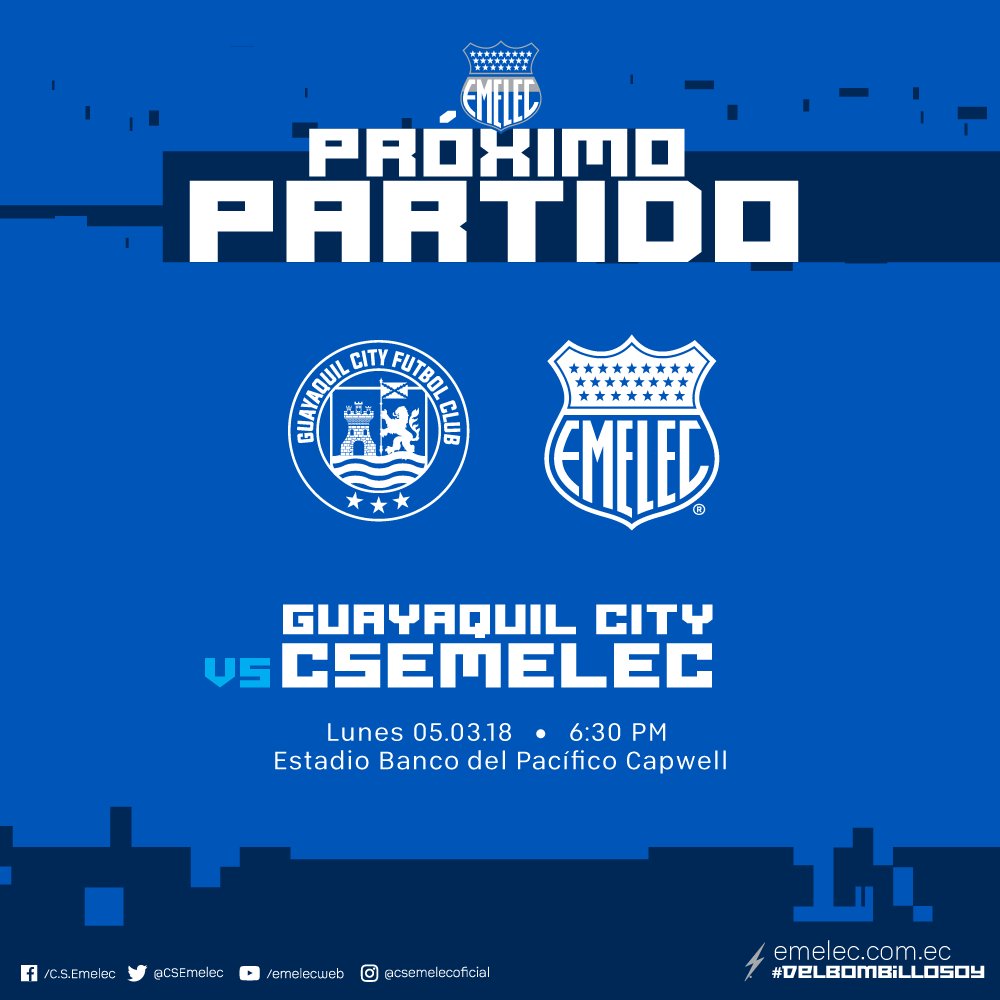 CSEmelec's tweet photo. 🏆 Campeonato ecuatoriano
⚽️ @GuayaquilCityFC vs @CSEmelec 
📆 Lunes, 5 de marzo, 2018
⏰ 6:30 pm 
🏟 Estadio Banco del Pacífico Capwell https://t.co/i26MbAQeVr