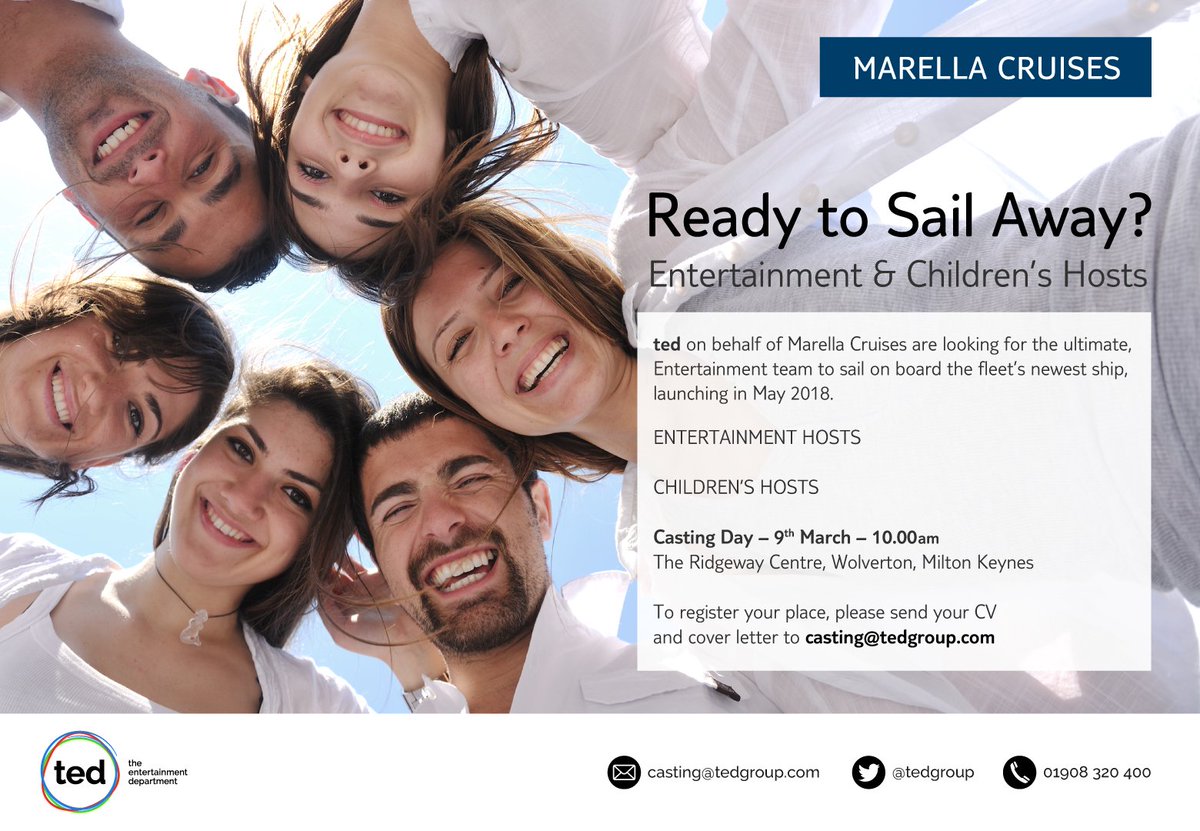 tedgroup's tweet photo. Casting Day - 9th March – 10.00am – The Ridgeway Centre, Wolverton, Milton Keynes
We’re looking for Entertainment Hosts to join our team on board Marella Cruises’ newest cruise ship in April 2018. 

please send your CV and cover letter to casting@tedgroup.com https://t.co/fVy6zuoaF7