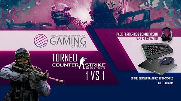 GamingCana's tweet photo. Sólo quedan 4 plazas, aún no te has inscrito? Participa en nuestro primer torneo #csgo #1vs1 y sólo por participar te llevarás un código de descuento para nuestra web😱,  para el/la ganadora tenemos un fantástico combo ARGON!!!😍😍
Corre y participa!!!! @TGXes https://t.co/x5VmrRgZOs