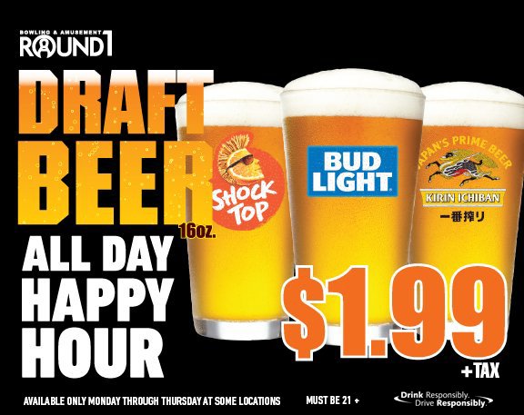 Round1Grapevine's tweet photo. Whenever you need it, Round1 $1.99 All Day Happy Hour Draft Beer. 🍺 #Round1 #DraftBeer https://t.co/lXm0itYGBg