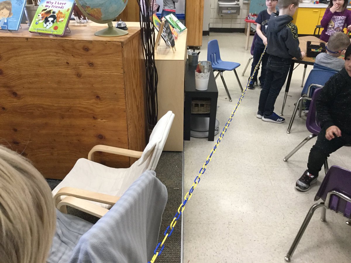 MsBottrell's tweet photo. What started off as “How long can we make our pattern?” Turned into a challenge of “Can we make the chain reach the office? Or the gym? Or outside?” We made it to the staff room! #seshsd #hsdlearns #collaboration https://t.co/pYC3FzGfqB