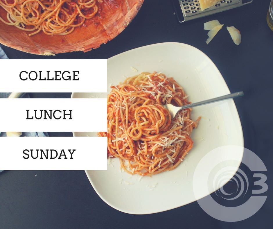 C3CollegeAge's tweet photo. College lunch THIS SUNDAY! 12:15 in the C3 Youth room!! https://t.co/eQs0kLi5h3
