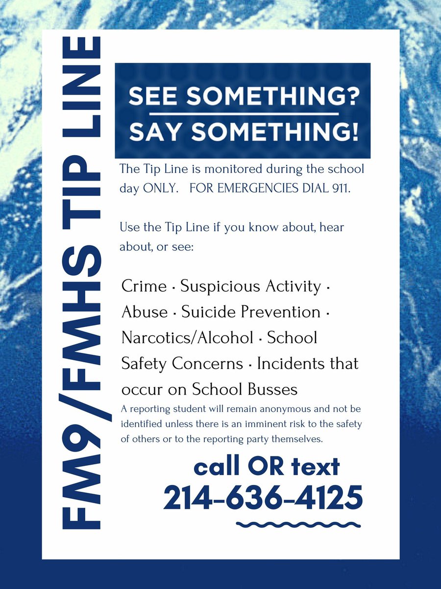 FMHS9's tweet photo. A task for Jaguar Nation ... add the Tip Line number to your phone contacts ... if you SEE something, SAY something!  Thank you for helping keep our community safe.  💙 https://t.co/jTjSC6TgwK