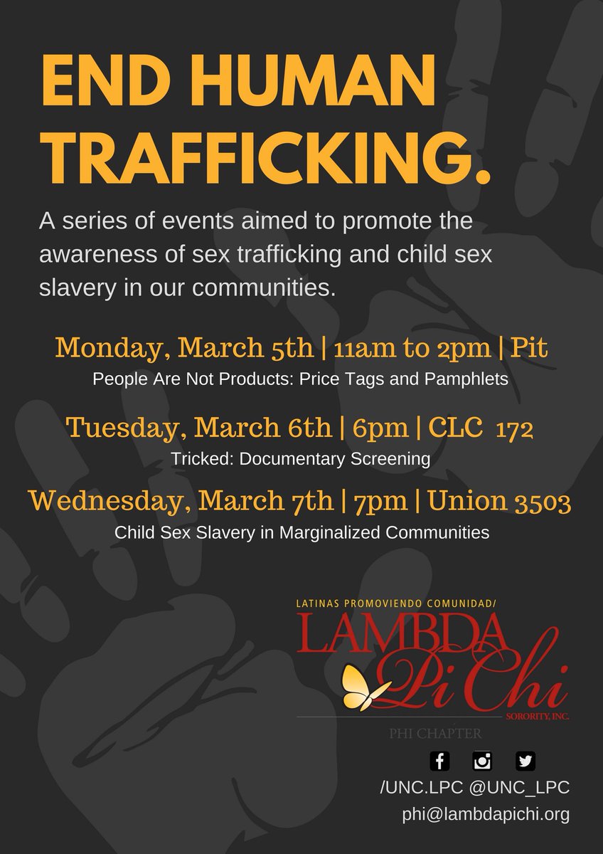 UNC_LPC's tweet image. Join us next week as we bring awareness to the issues of sex trafficking and child sex slavery in our communities #EndSexTrafficking #EndSexSlavery #lambdapichi