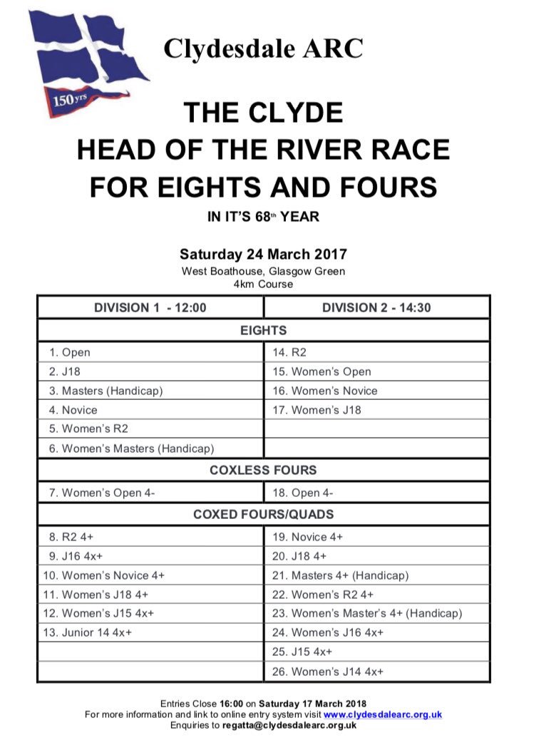 clydesdalearc's tweet photo. Come and join us for our 68th 8s and 4s Head of The River Race on 24th March! Everybody is welcome, we will have cake 🍰 #HoRR #allofthecake https://t.co/bE0eYKx0GM