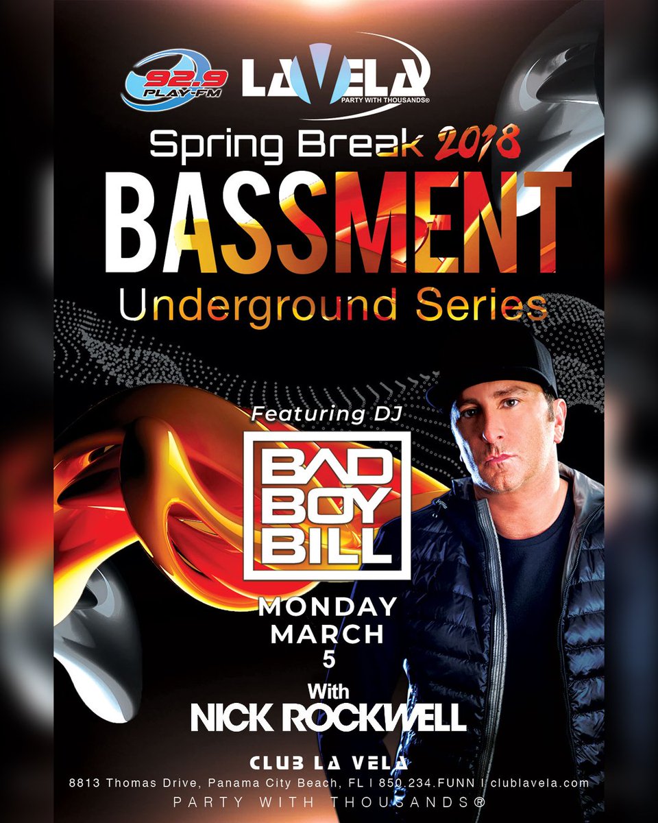 djbadboybill's tweet photo. Panama City Beach! This Monday March 5th I'm #BehindTheDecks with my boy @NickRockwell at @ClubLavela. More Info: https://t.co/RWwRWgPbLN  #RespectTheTechnique #HouseMusic #PanamaCityBeach #PanamaCity #Florida #SpringBreak #SpringBreak2018 https://t.co/E8mLoMtR6a