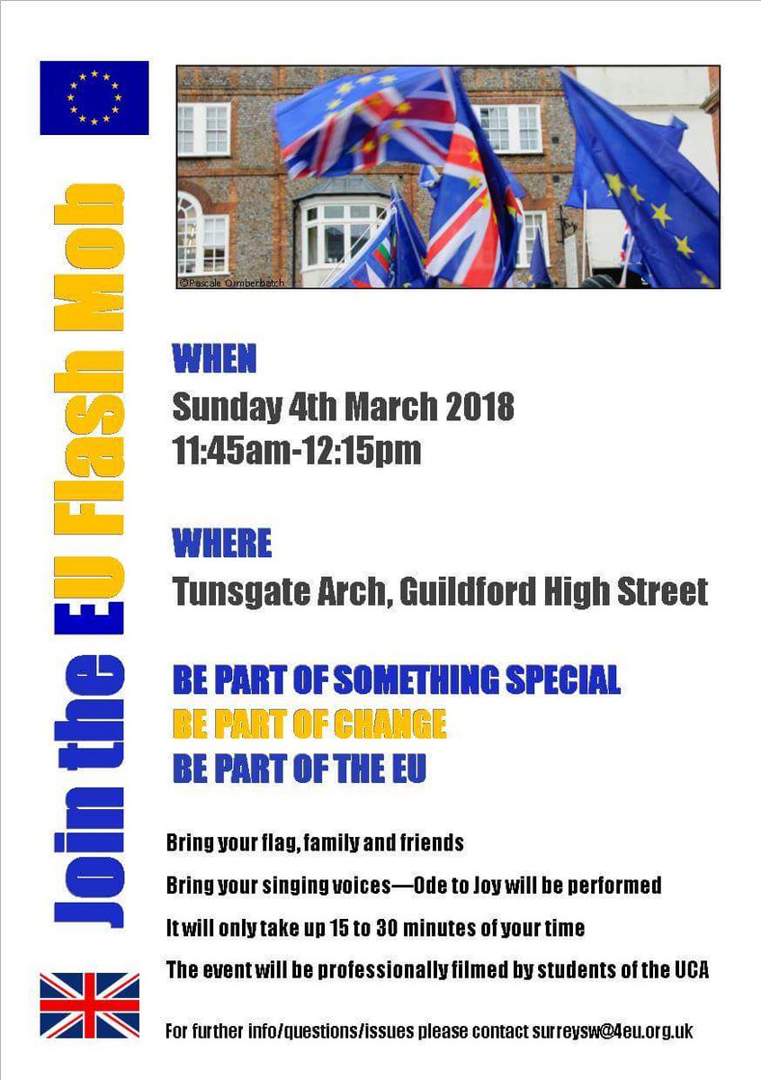 EUlvis's tweet image. Forget the #TheresaMaySpeech remember this #flashmob in #Canterbury? Let's see if we can get even more out this Sunday in #Guildford #Surrey
I'm told the weather's warmin up, come on out and SING for #Europe y'all ✊✌🇪🇺🇬🇧🎶 #GuildfordFlashmob #GUflashmob #StopBrexit #Remain
