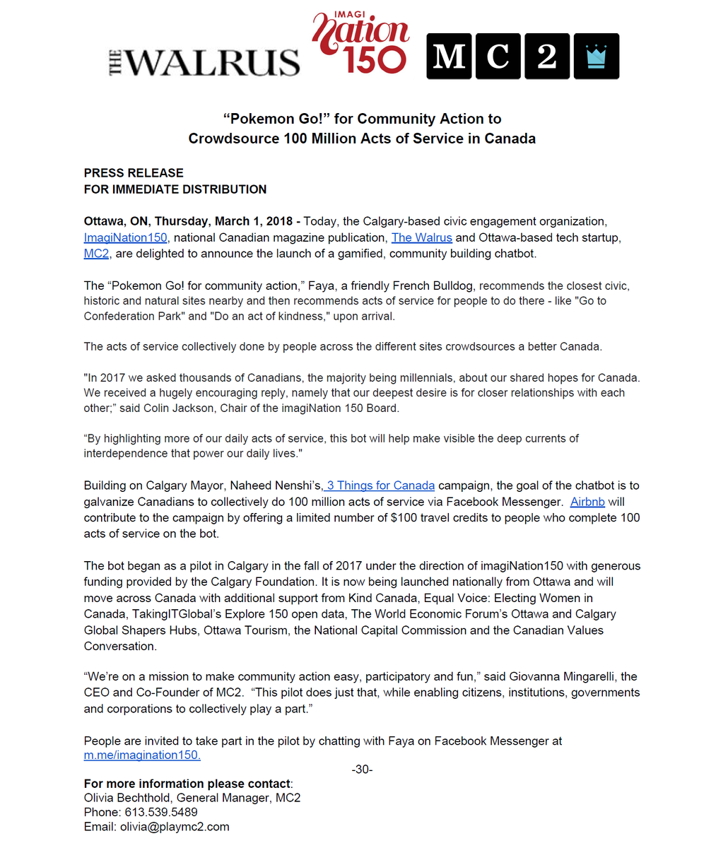 Invest_Ottawa's tweet photo. @MC2Universe launched a new community building chatbot w/ @walrusmagazine &amp; @imagiNation150, "it's the Pokemon Go! for community action!". Just link &amp; msg #Faya to start your adventure - you could win $100 w/ @Airbnb &amp; more https://t.co/M4doie1w5R  
#Ottcity #MyOttawa https://t.co/TEKriTMzkN