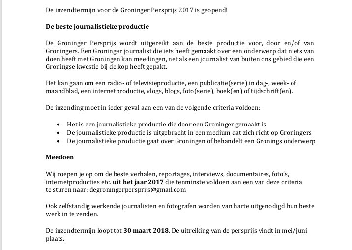 De inzendtermijn voor de Groninger Persprijs 2017 is geopend!