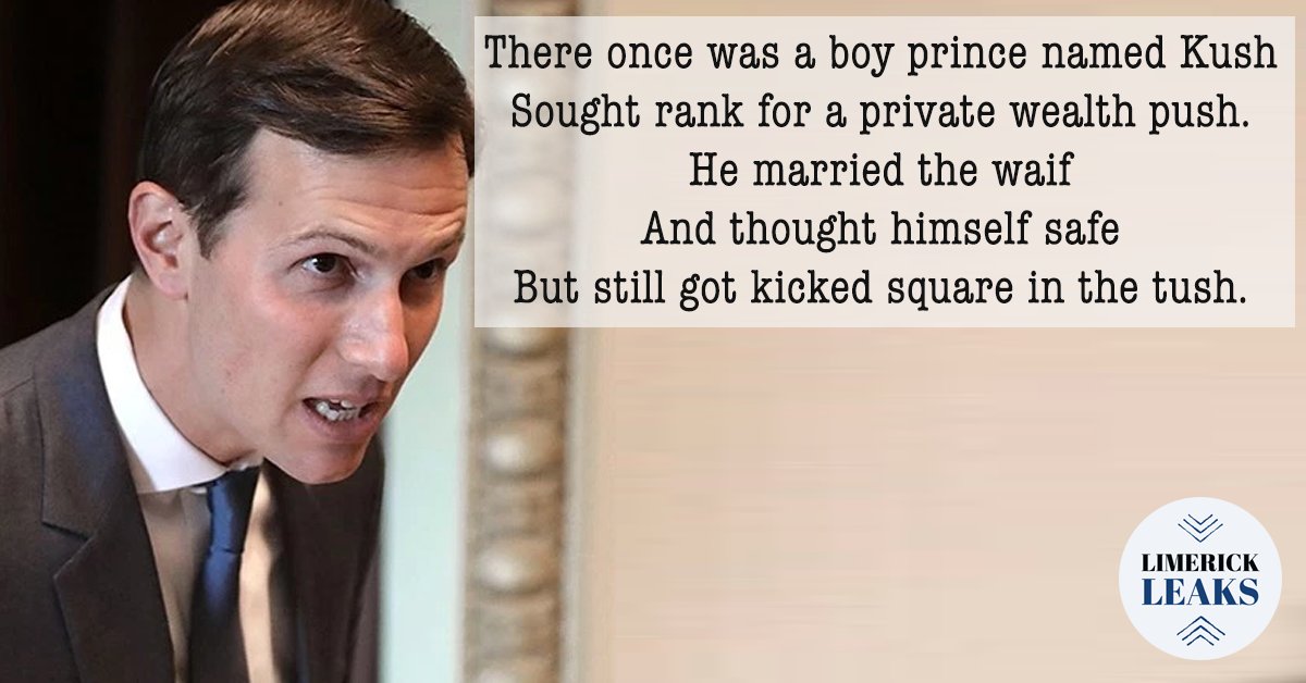 LimerickLeaks's tweet photo. #ANALYSIS
There once was a boy prince named Kush
Sought rank for a private wealth push.
He married the waif
And thought himself safe
But still got kicked square in the tush. https://t.co/iiWpCRHP2Q