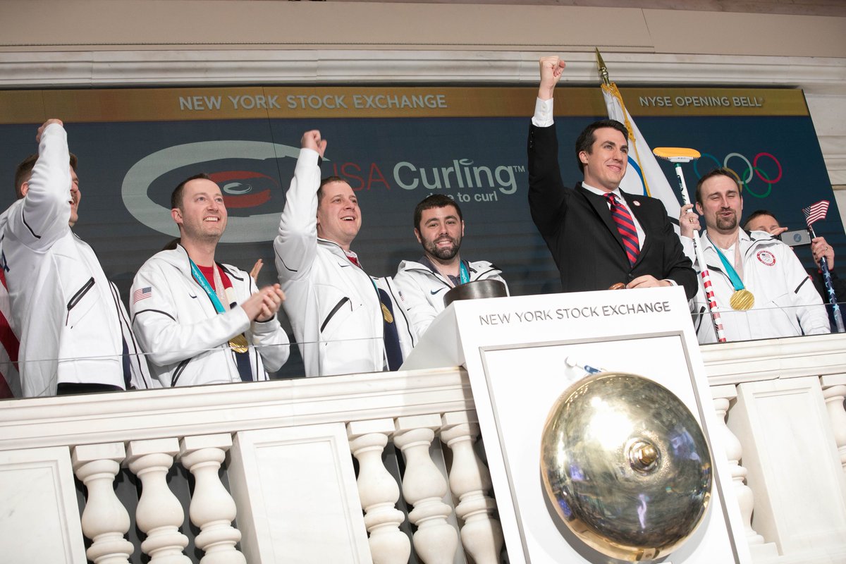 NYSE's tweet photo. Stones, brooms, and mustaches. You know what that means: The @usacurl team rang The Opening Bell https://t.co/J46KkYpLjl