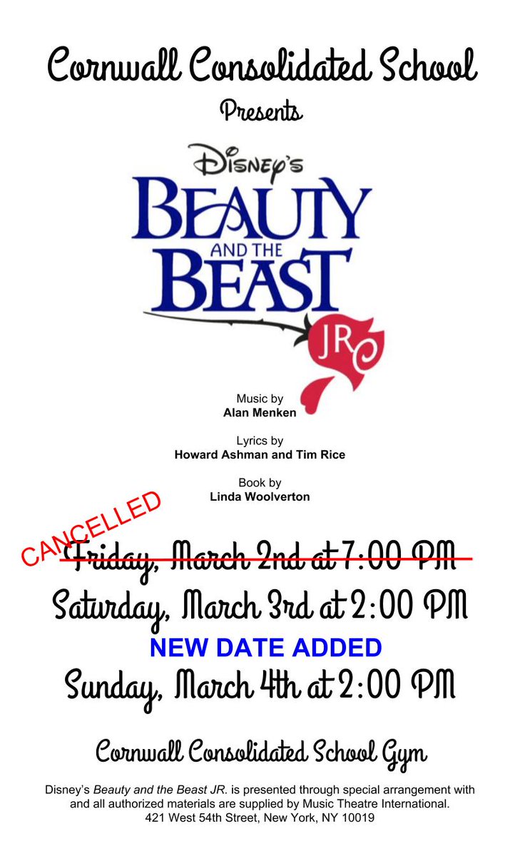 CornwallSchool's tweet photo. Tonight's performance of Beauty and the Beast has been postponed. There will still be two shows: Saturday (3/2) and Sunday (3/3) at 2:00pm. Tickets are free (though donations will be accepted) and there will be a bake sale. https://t.co/fFgKjwte7Y