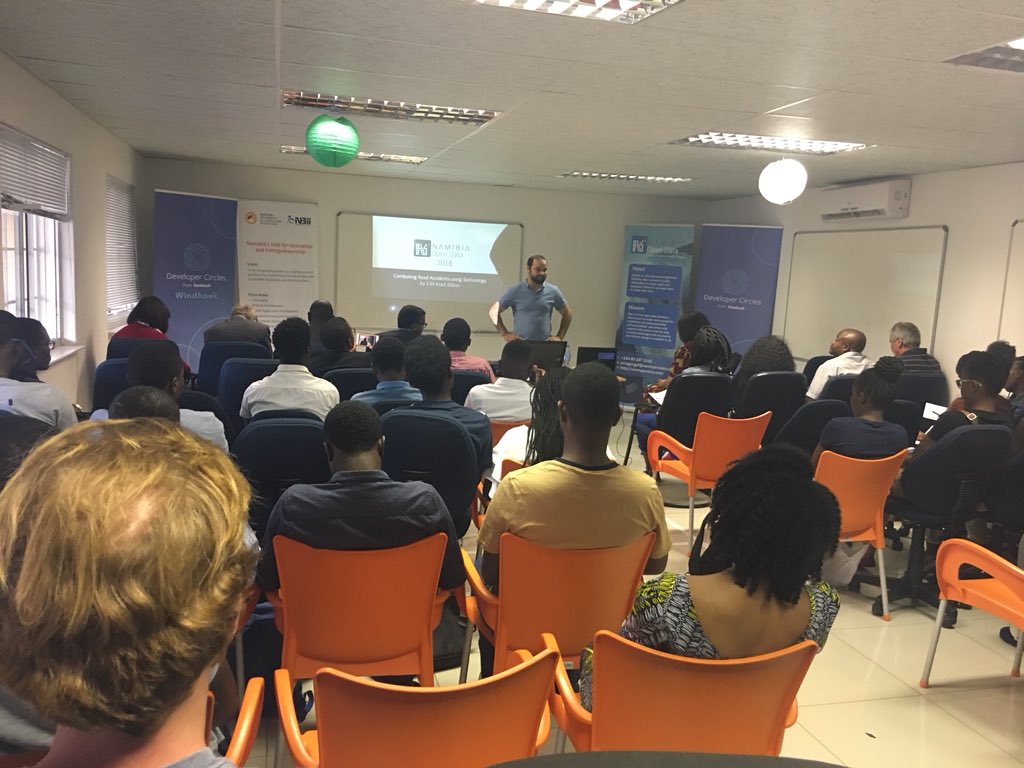 iamnaambo's tweet photo. Mr Asad Abbas, Head:Software Services @ Green Enterprise Solution presenting on Combating Road accidents Using Technology
#OpenDataHackNam18
#OpenDataHack2018
#OpenDataHack18
#RoadSafety #OpenData #Hackathon #Namibia https://t.co/Y2x0qkTDdH