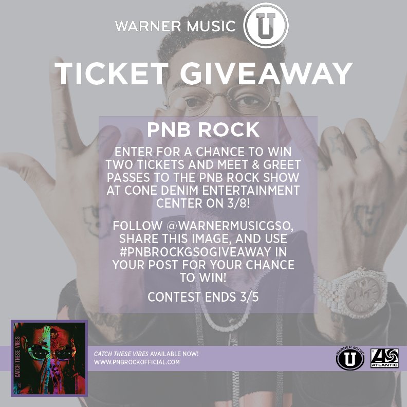 WarnerMusicGSO's tweet photo. Greensboro! PNB rock will be here March 8th! Purchase tickets Here! https://t.co/nH1mYa6ALP

OR

You can enter our giveaway for a pair of tickets w/ meet and greet acces, by following us, posting the second picture and hashtagging #PNBrockGSOGIveaway when you post it! #NCAT #UNCG https://t.co/xa1VNNJRlB