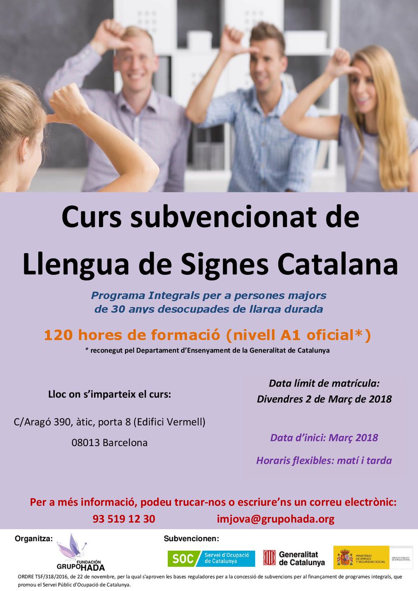OFERTES FORMATIVES SUBVENCIONADES PER A LES PERSONES EN ATUR (PART 2):

Curs d'alfabetitizació digital per a persones amb diversitat  funcional: mailchi.mp/7d65e432a7b5/c… 

Curs de Llengua de Signes Catalana de nivell oficial A1: mailchi.mp/6ed576efd541/c…