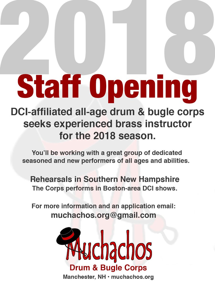 Immediate staff opening for brass instructor. Southern NH. Must have experience teaching. Great opportunity for music ed student. Rehearsals every other Sunday. The Corps performs a field show at Boston-area DCI shows. Email for additional information and/or an application.