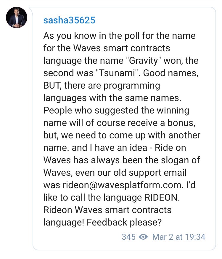 wavesprotocol's tweet photo. The name for the Waves Smart Contracts programming language has been chosen: it’s RIDEON. Beautiful!

#WavesPlatform #WavesSmartContracts #SmartContracts #Blockchain #Cryptocurrency #Fintech $Waves https://t.co/VMsytgQMFc