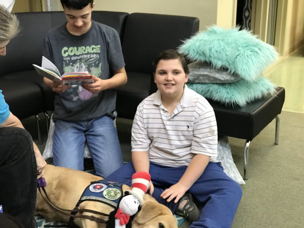 BMSS_LIB's tweet photo. BMSS Library Celebrating Read Across America Day and Dr Seuss BDay with our PAWS Volunteers. @Paws4HeartsWTD https://t.co/V2mGSZbODp