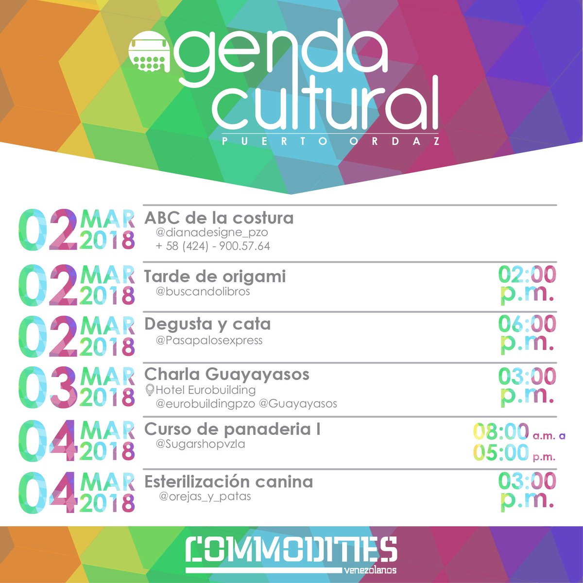 CommoditiesV's tweet photo. Te presentamos la agenda cultural de este fin de semana. 
Disfruta de las mejores actividades que te ofrece Ciudad Guayana.
¡Feliz viernes! https://t.co/A2n0fz6GPN