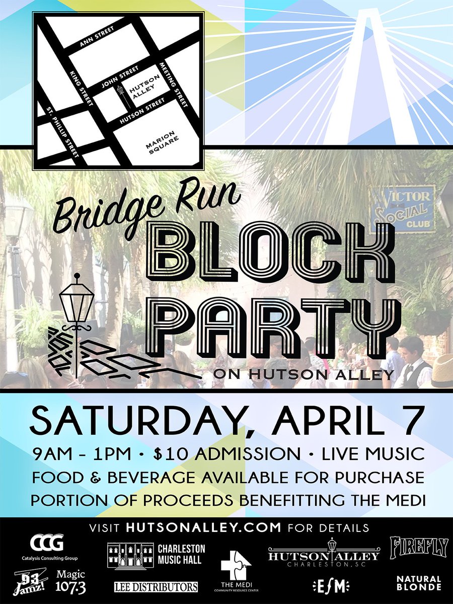 CHScuisine's tweet photo. Charleston, are you ready for fun after the run? Join us on #HutsonAlley for the #BridgeRunBlockParty! #RunTheAlley https://t.co/ovbcOjd2yR