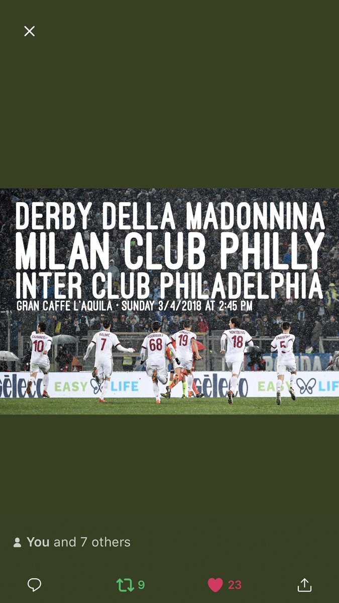 renerincon's tweet photo. It’s Derby Time -
We’ll be joining our friends of @MilanClubPhilly and #InterClubPhiladelphia this Sunday at @GCaffeLaquila for the #DerbydellaMadonnina - #forzamilan #weareacmilan 🔴⚫️ https://t.co/5GkGwUQC6E