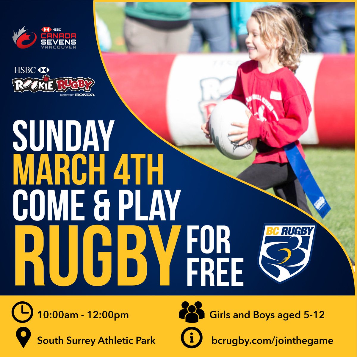 There are two huge HSBC Rookie Rugby Jamborees this weekend and local children 5-12 can come and try rugby for FREE!  Meet National Team players, win prizes and give rugby a go! Bring friends and family along to try the sport bcrugby.com/jointhegame #jointhegame #rugbyforlife